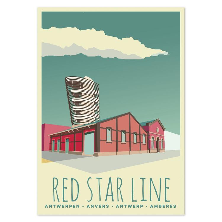 Retro-style illustrated postcard of the Red Star Line Museum in Antwerp, Belgium, by Gert Paenen of Studio Frits. Featuring the historic red brick warehouse and modern tower under a teal sky, this artwork celebrates Antwerp’s maritime history and architectural heritage in bold, minimalist colors.