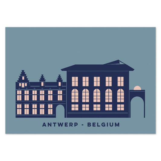 Minimalist illustrated postcard of the Rubenshuis in Antwerp, Belgium, by Gert Paenen of Studio Frits. Depicted in deep navy and soft pink tones, this elegant artwork highlights the historic home and studio of painter Peter Paul Rubens, celebrating Antwerp’s artistic legacy.