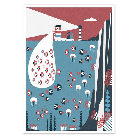 Playful illustrated postcard titled Fisherman by Gert Paenen of Studio Frits. Showing a fisherman hauling a net full of stylized fish above a lively underwater scene, this bold artwork captures maritime life with humor and modern geometric design in red, blue, and white tones.