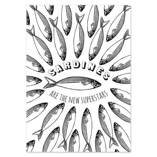 Playful black-and-white postcard illustration by Gert Paenen of Studio Frits, featuring a circular pattern of sardines around the bold text “Sardines are the new superstars.” A humorous, graphic design celebrating simplicity and everyday icons with a retro touch.