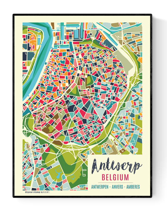 Colorful modern illustration of Antwerp city map by Studio Frits, featuring an abstract geometric layout of Belgium’s iconic port city. Urban wall art showcasing Antwerp's neighborhoods, streets, and river in vibrant colors. Perfect for travel lovers, map collectors, or contemporary home decor. Available as a high-quality art print at Galerie Frits