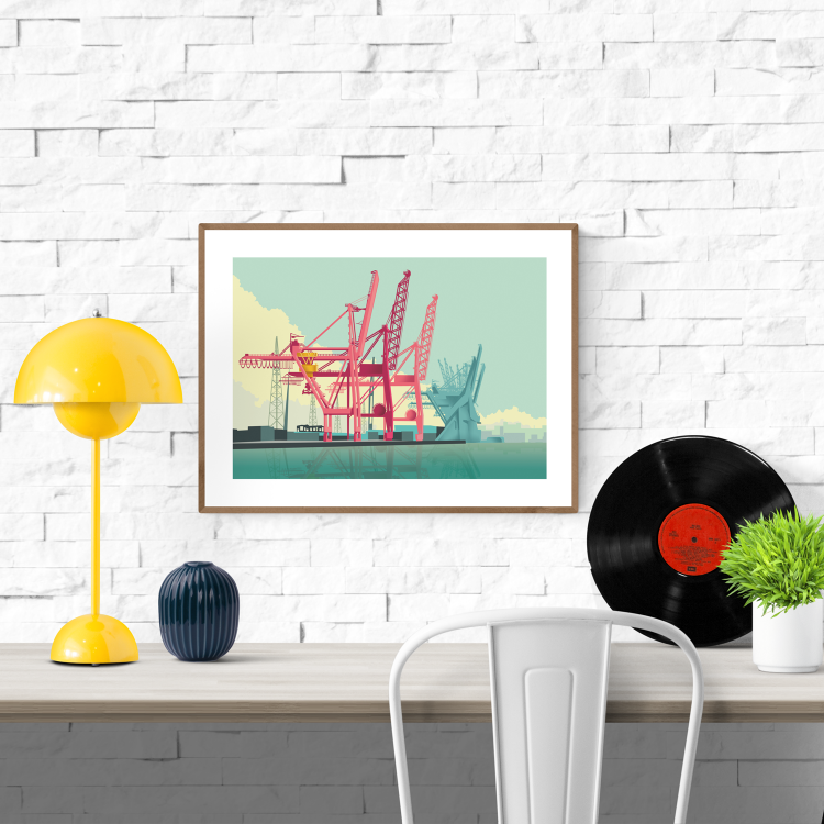 Striking graphic illustration by Studio Frits titled 'Antwerp Port,' featuring a bold composition of industrial cranes in vivid red and soft teal tones, set against a calm harbor with a pastel sky. This modern, stylized view of Belgium’s iconic port captures the scale, structure, and rhythm of maritime industry—ideal for contemporary interiors and urban art collectors