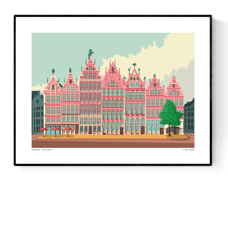 Colorful illustration print of Antwerp’s Grote Markt historic buildings by Studio Frits, modern architectural art on heavyweight paper – Belgian cityscape wall decor available in A4 and 30x40 cm sizes