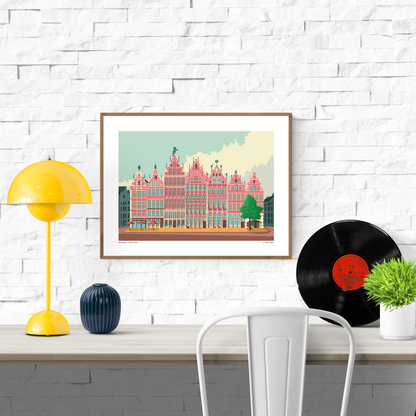 Colorful illustration print of Antwerp’s Grote Markt historic buildings by Studio Frits, modern architectural art on heavyweight paper – Belgian cityscape wall decor available in A4 and 30x40 cm sizes