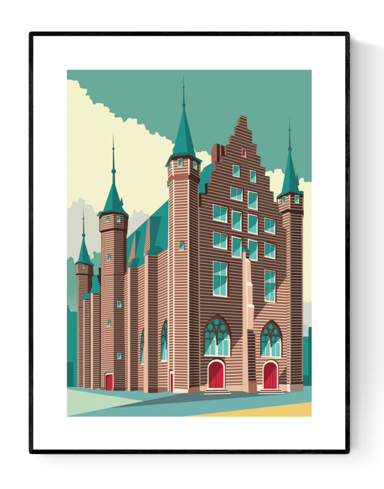 Digital art print of Vleeshuis Antwerp by Studio Frits, featuring a stylized red-brick gothic building with green spires and bold windows, illustrated in geometric modern style. High-quality print on 300g paper, ideal wall art for lovers of Belgian architecture and contemporary illustration.