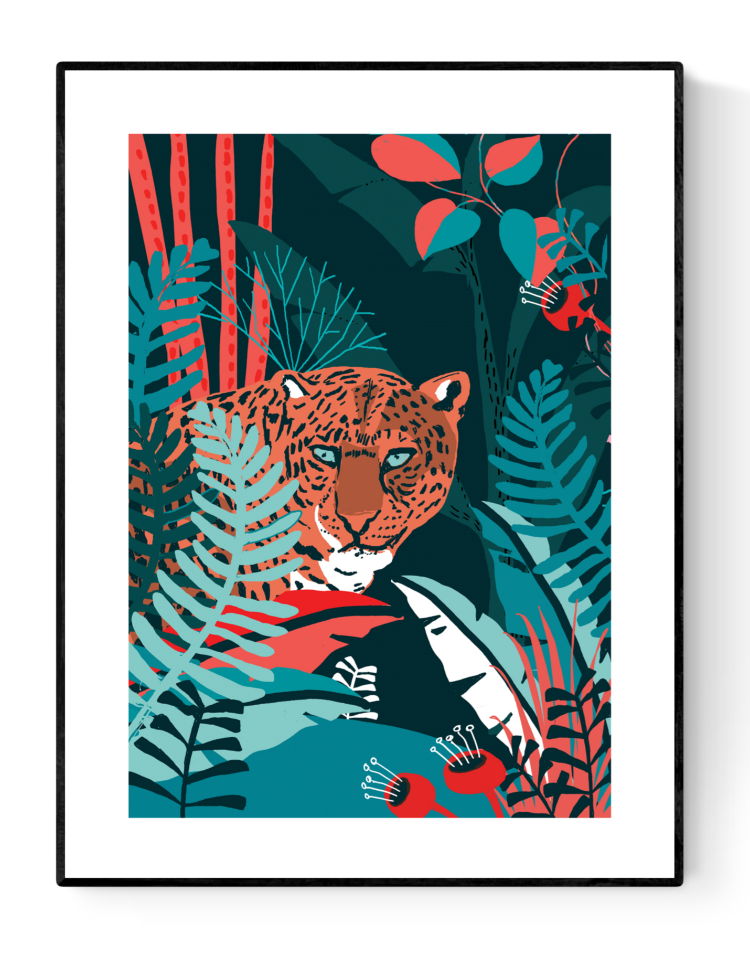 Colorful jungle illustration of a jaguar surrounded by vibrant tropical plants, modern wildlife wall art by Studio Frits, 30 x 40 cm Belgium-made print.