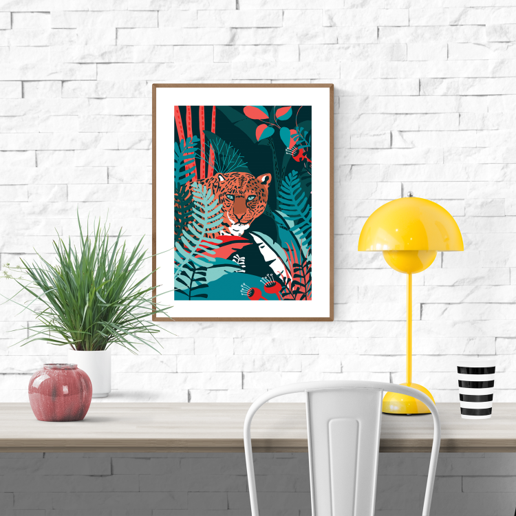 Colorful jungle illustration of a jaguar surrounded by vibrant tropical plants, modern wildlife wall art by Studio Frits, 30 x 40 cm Belgium-made print.