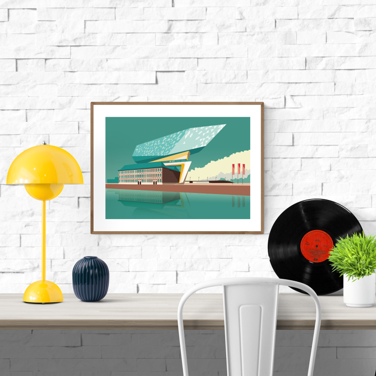 Digital illustration of the Havenhuis Antwerp building by Studio Frits – modern architectural landmark with futuristic glass design over historic base, reflected in turquoise water, printed as a 30x40 cm Belgian art print.