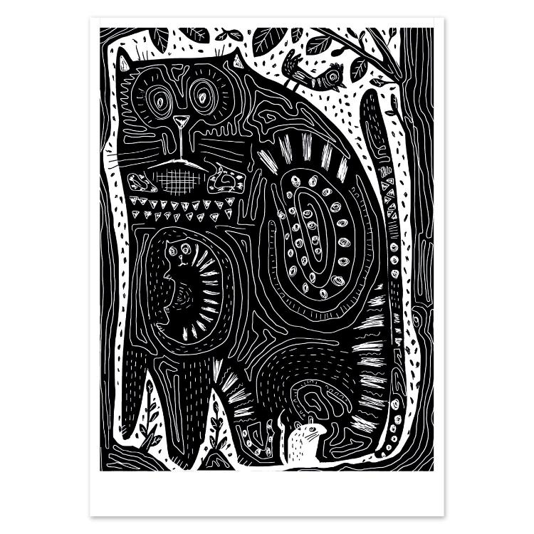 Bold black-and-white illustrated postcard of a stylized cat surrounded by forest elements, created by Gert Paenen of Studio Frits. Featuring intricate linework, hidden shapes, and playful animal motifs, this graphic artwork captures a mix of mystery, nature, and imagination in a modern folk-art style.