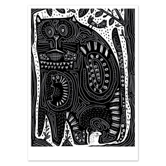 Bold black-and-white illustrated postcard of a stylized cat surrounded by forest elements, created by Gert Paenen of Studio Frits. Featuring intricate linework, hidden shapes, and playful animal motifs, this graphic artwork captures a mix of mystery, nature, and imagination in a modern folk-art style.