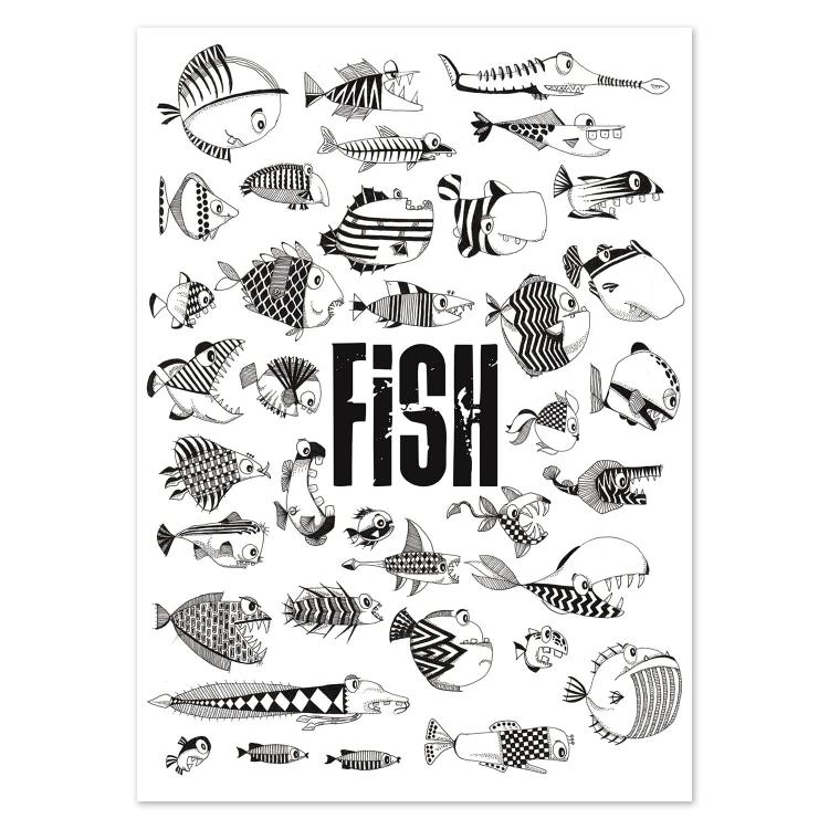 Black-and-white illustrated postcard titled Fish by Gert Paenen of Studio Frits. Featuring dozens of quirky hand-drawn fish with unique patterns and playful expressions around bold typography, this artwork celebrates creativity and marine life with humor and artistic flair.