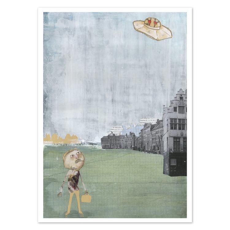 Surreal illustrated postcard titled Mister Humprey by Gert Paenen of Studio Frits. Featuring a collage-style figure holding a suitcase and gazing at a UFO above an old European street, this whimsical artwork blends humor, nostalgia, and mystery in soft muted tones.
