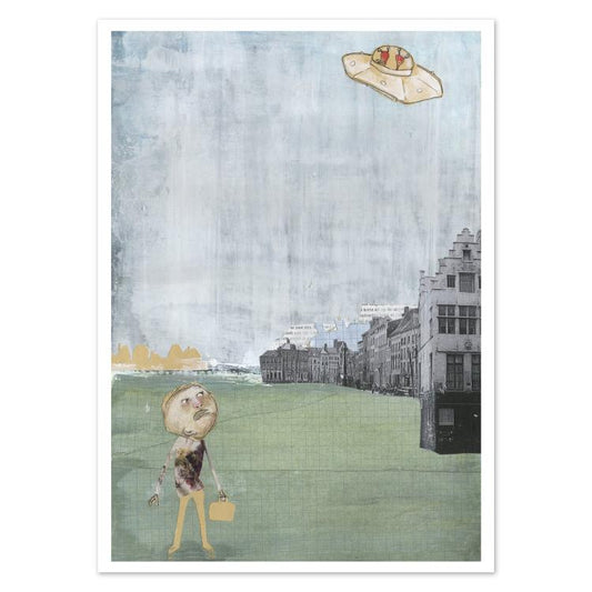 Surreal illustrated postcard titled Mister Humprey by Gert Paenen of Studio Frits. Featuring a collage-style figure holding a suitcase and gazing at a UFO above an old European street, this whimsical artwork blends humor, nostalgia, and mystery in soft muted tones.
