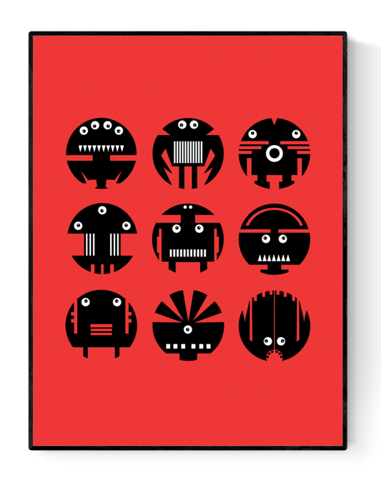 Colorful geometric illustration of nine unique black-and-white robot faces on a bold red background – Robots by Studio Frits, 30 x 40 cm modern art print for playful interiors.