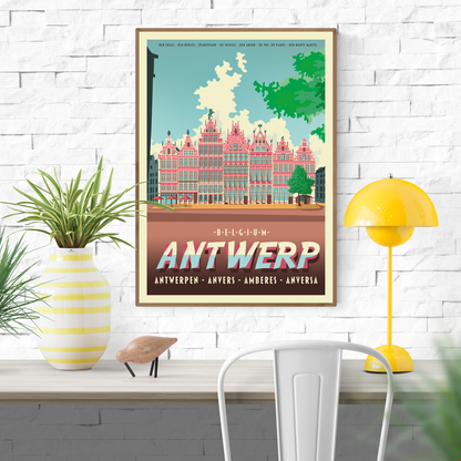 Large architectural digital art print of Antwerp Grote Markt, featuring Renaissance guildhalls, historic façades, and bold graphic colors by Belgian illustrator Gert Paenen.