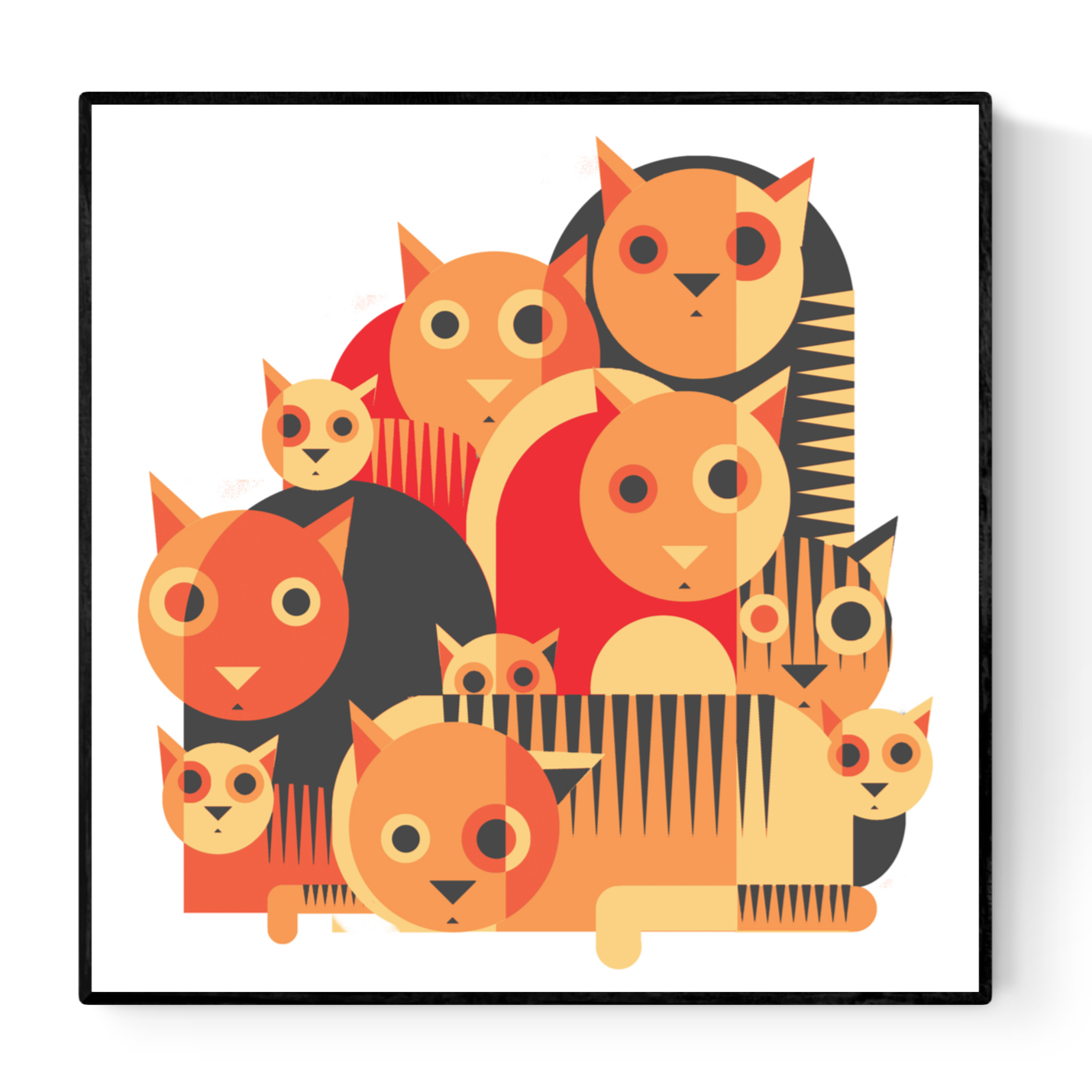 Playful geometric illustration of wide-eyed cats in bold green or orange tones by Belgian artist Gert Paenen. Modern minimalist design with layered shapes and rhythmic patterns, ideal for contemporary interiors, cat lovers, and graphic art collectors. 30 × 30 cm wall art print.