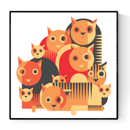 Playful geometric illustration of wide-eyed cats in bold green or orange tones by Belgian artist Gert Paenen. Modern minimalist design with layered shapes and rhythmic patterns, ideal for contemporary interiors, cat lovers, and graphic art collectors. 30 × 30 cm wall art print.