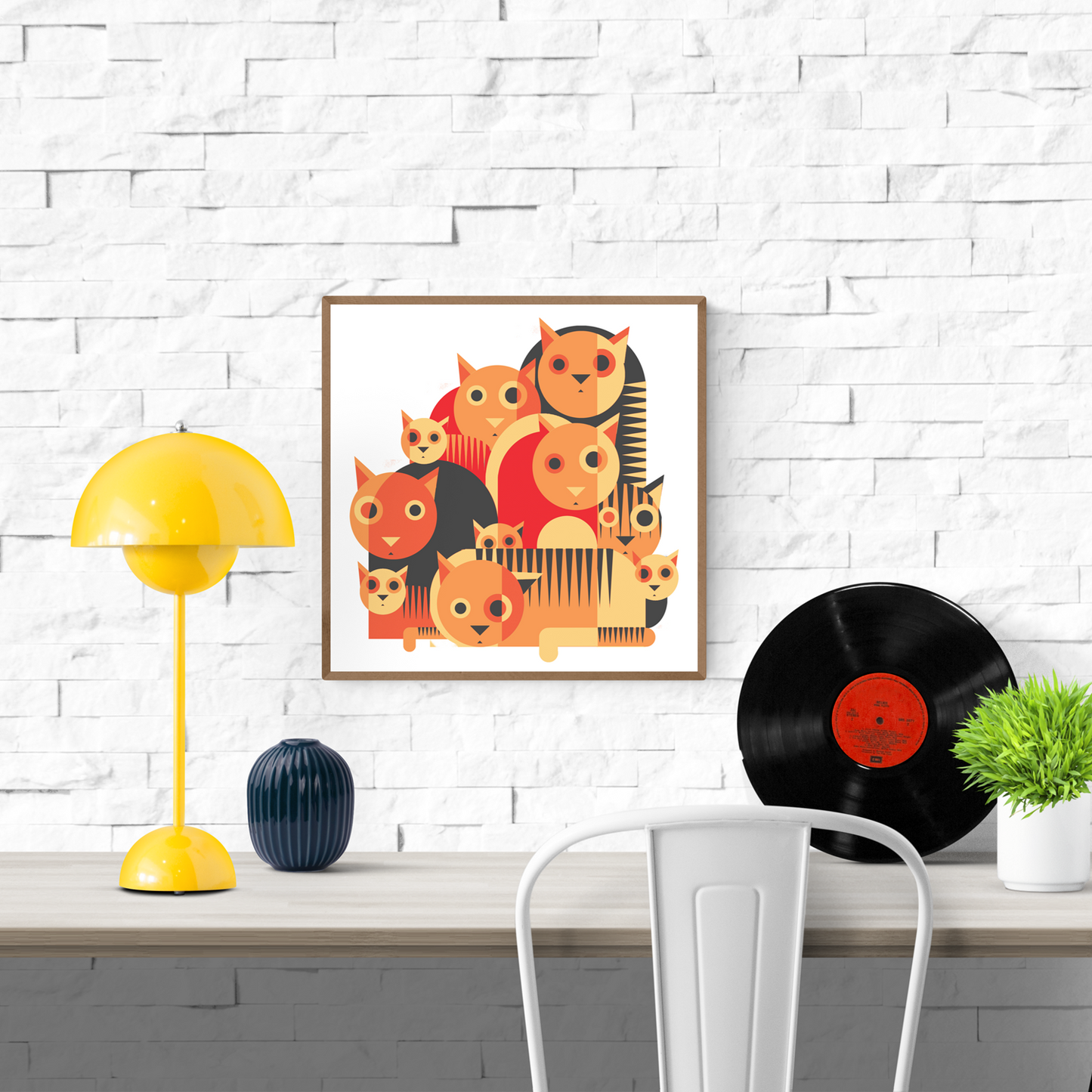 Playful geometric illustration of wide-eyed cats in bold green or orange tones by Belgian artist Gert Paenen. Modern minimalist design with layered shapes and rhythmic patterns, ideal for contemporary interiors, cat lovers, and graphic art collectors. 30 × 30 cm wall art print.