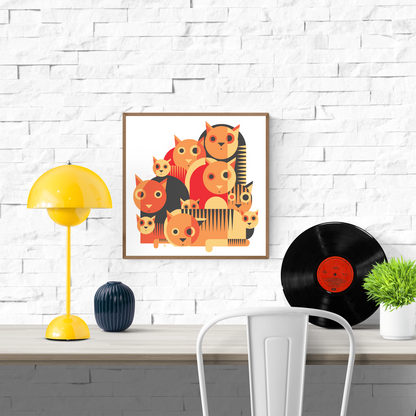 Playful geometric illustration of wide-eyed cats in bold green or orange tones by Belgian artist Gert Paenen. Modern minimalist design with layered shapes and rhythmic patterns, ideal for contemporary interiors, cat lovers, and graphic art collectors. 30 × 30 cm wall art print.