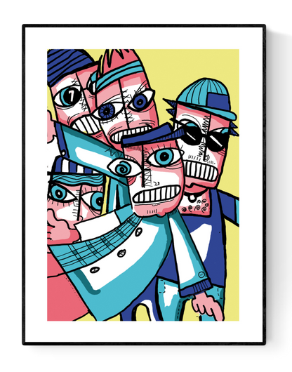 Colorful abstract illustration of a quirky group of cartoon-style characters with expressive faces and bold outlines on a yellow background – modern art print by Studio Frits, 30x40 cm, perfect for contemporary wall decor and collectors of unique graphic art