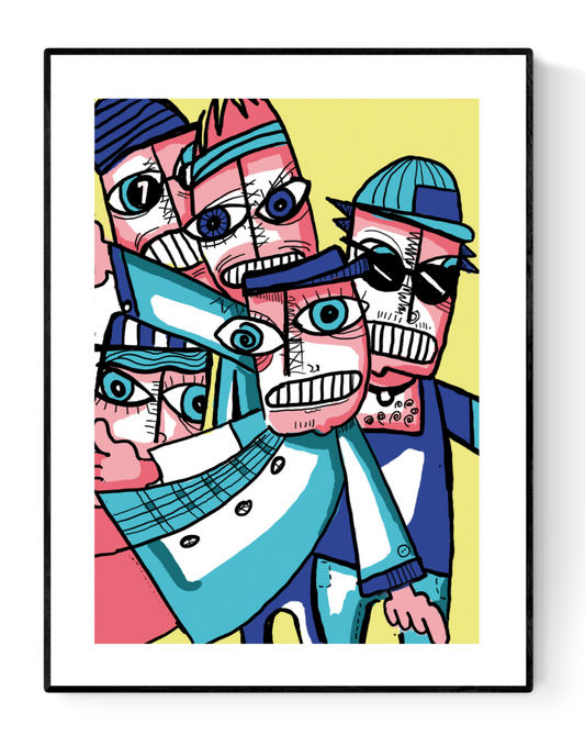 Colorful abstract illustration of a quirky group of cartoon-style characters with expressive faces and bold outlines on a yellow background – modern art print by Studio Frits, 30x40 cm, perfect for contemporary wall decor and collectors of unique graphic art
