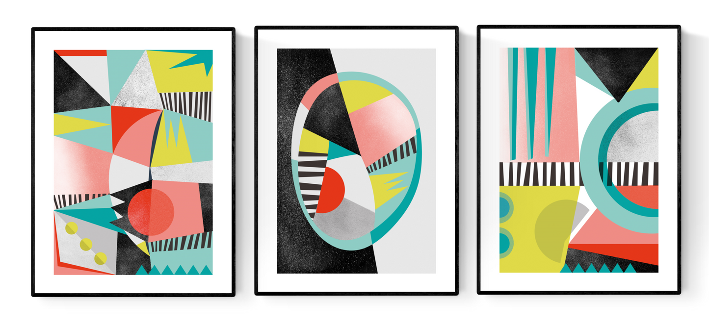 Berlin abstract art print set by Studio Frits – modern geometric wall art in bold colors and Bauhaus-inspired design. Set of 3 minimalist posters with vibrant shapes, contemporary composition, and artistic patterns. Perfect decorative artwork for living rooms, creative offices, and design-focused interiors. High-quality prints for modern home decor and art collectors