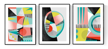 Berlin abstract art print set by Studio Frits – modern geometric wall art in bold colors and Bauhaus-inspired design. Set of 3 minimalist posters with vibrant shapes, contemporary composition, and artistic patterns. Perfect decorative artwork for living rooms, creative offices, and design-focused interiors. High-quality prints for modern home decor and art collectors