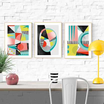 Berlin abstract art print set by Studio Frits – modern geometric wall art in bold colors and Bauhaus-inspired design. Set of 3 minimalist posters with vibrant shapes, contemporary composition, and artistic patterns. Perfect decorative artwork for living rooms, creative offices, and design-focused interiors. High-quality prints for modern home decor and art collectors