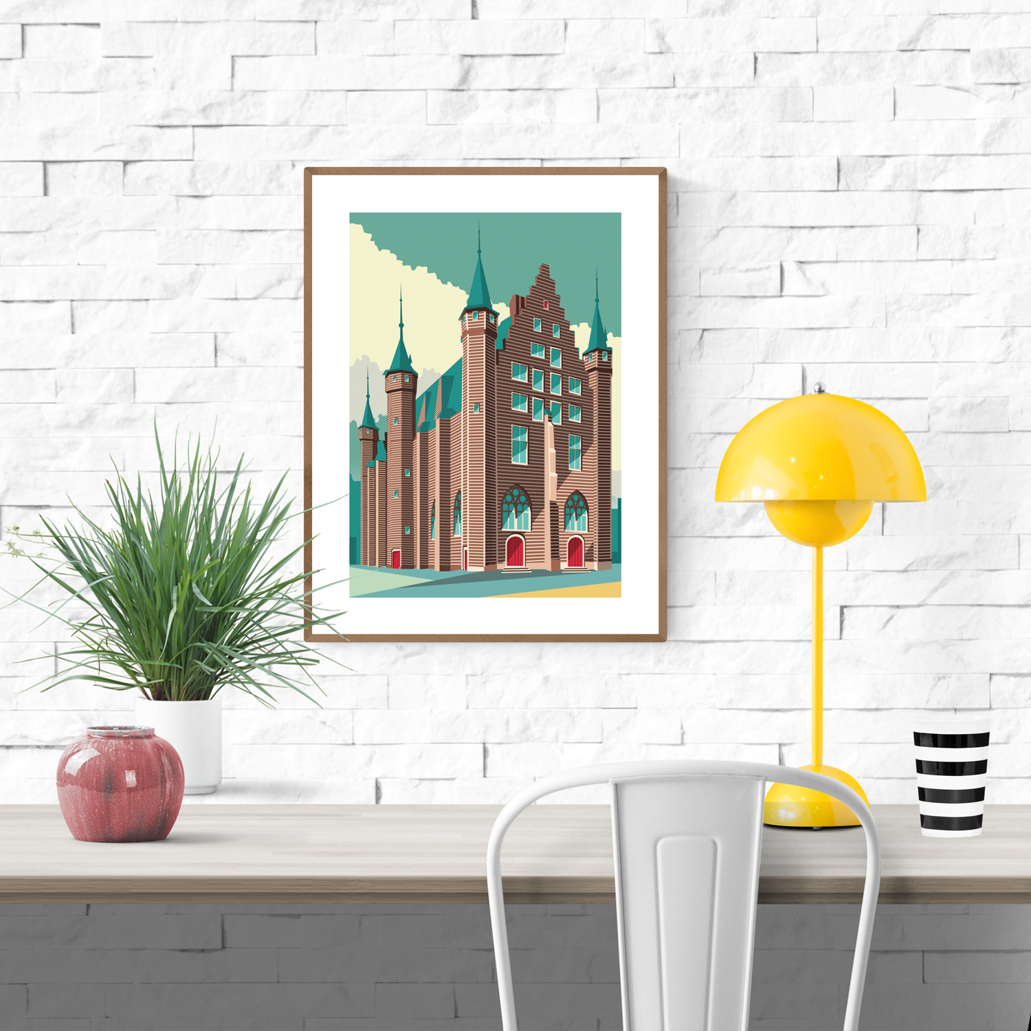 Digital art print of Vleeshuis Antwerp by Studio Frits, featuring a stylized red-brick gothic building with green spires and bold windows, illustrated in geometric modern style. High-quality print on 300g paper, ideal wall art for lovers of Belgian architecture and contemporary illustration.