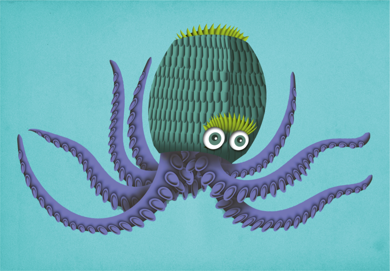 Colorful illustration of a whimsical purple octopus with textured tentacles and a green patterned head on a turquoise background, titled Ignatio the Octopus by Studio Frits – playful marine-themed A4 art print for ocean lovers and children's decor.
