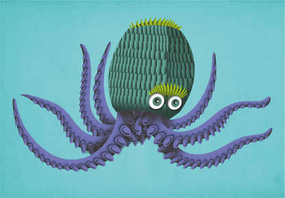Colorful illustration of a whimsical purple octopus with textured tentacles and a green patterned head on a turquoise background, titled Ignatio the Octopus by Studio Frits – playful marine-themed A4 art print for ocean lovers and children's decor.