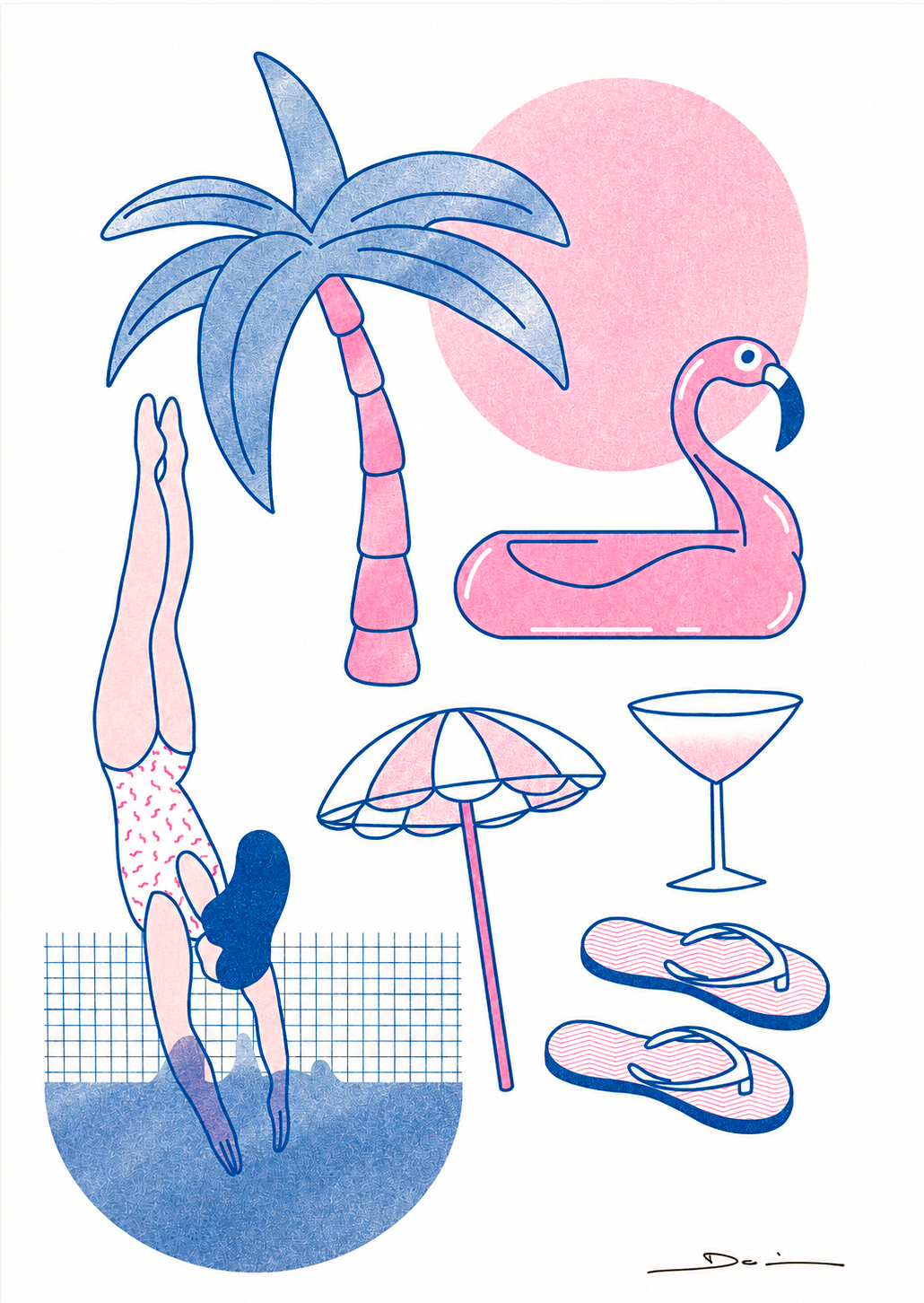 Playful summer-themed risograph print featuring a diving swimmer, palm tree, flamingo float, beach umbrella, cocktail glass, and flip-flops in pink and blue tones. Vertical contemporary wall art for colorful home decor.