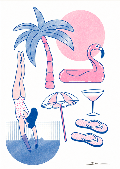 Playful summer-themed risograph print featuring a diving swimmer, palm tree, flamingo float, beach umbrella, cocktail glass, and flip-flops in pink and blue tones. Vertical contemporary wall art for colorful home decor.