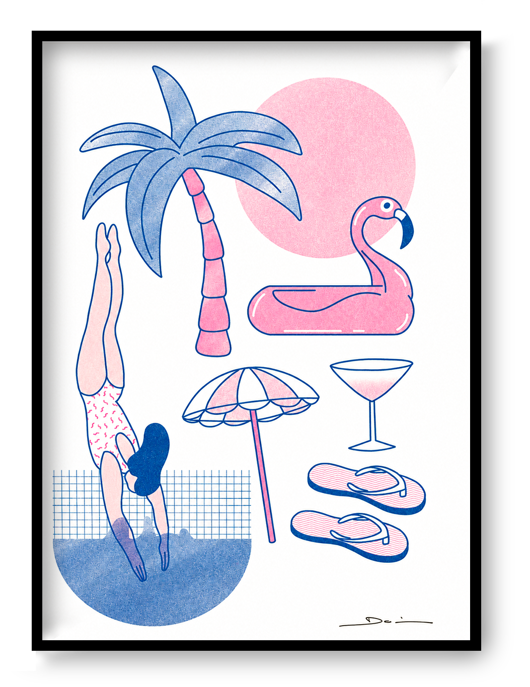 Playful summer-themed risograph print featuring a diving swimmer, palm tree, flamingo float, beach umbrella, cocktail glass, and flip-flops in pink and blue tones. Vertical contemporary wall art for colorful home decor.