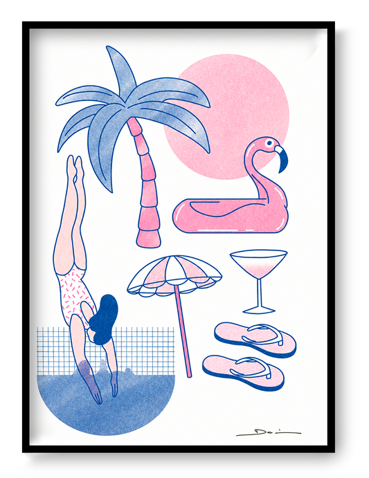 Playful summer-themed risograph print featuring a diving swimmer, palm tree, flamingo float, beach umbrella, cocktail glass, and flip-flops in pink and blue tones. Vertical contemporary wall art for colorful home decor.