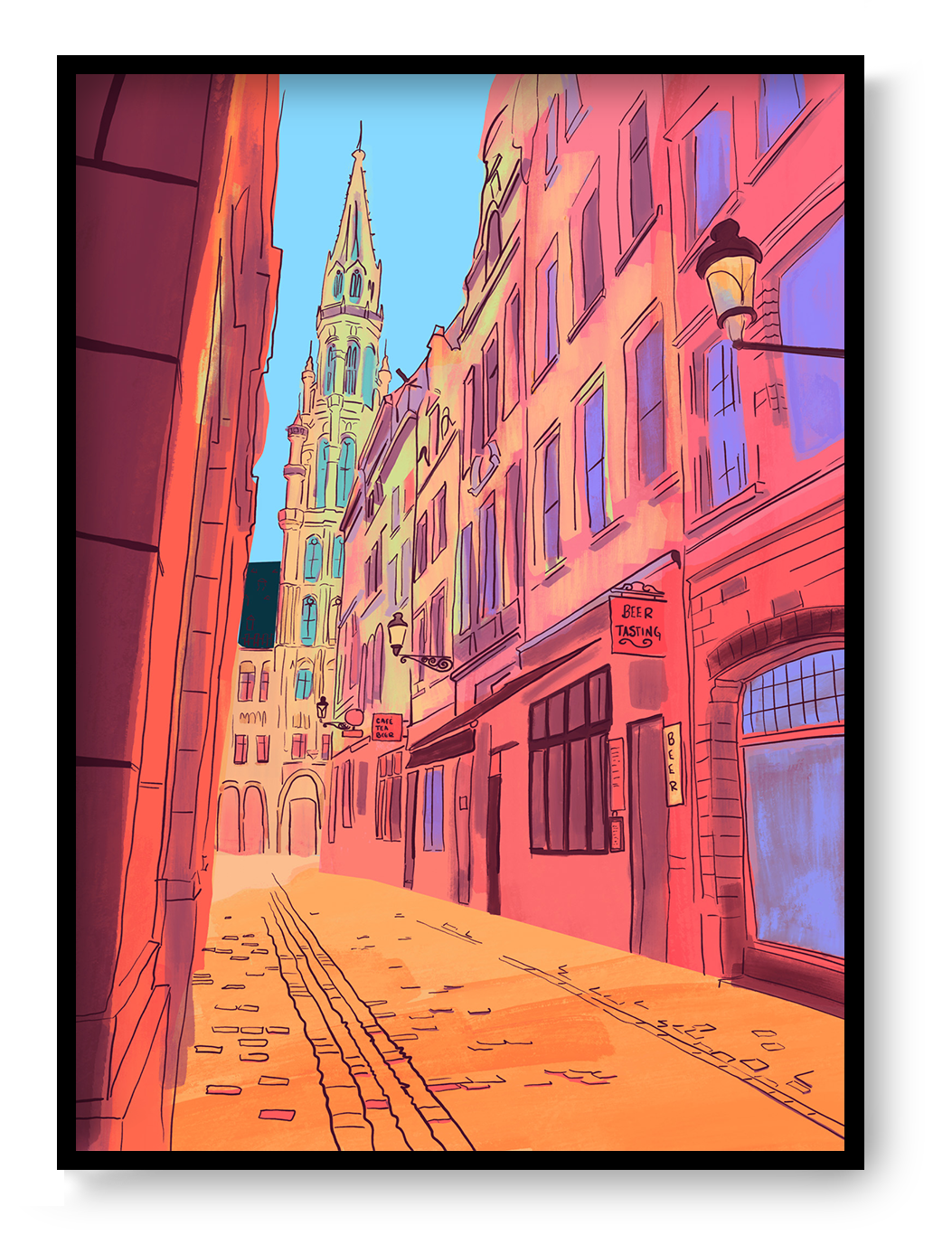 colorful Brussels street illustration with warm sunlight and historic buildings leading toward Grand Place vibrant European city wall art print