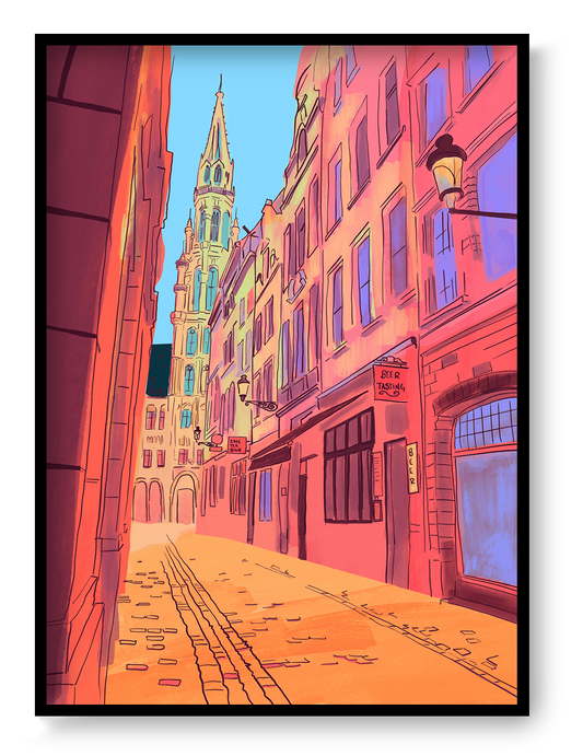 colorful Brussels street illustration with warm sunlight and historic buildings leading toward Grand Place vibrant European city wall art print