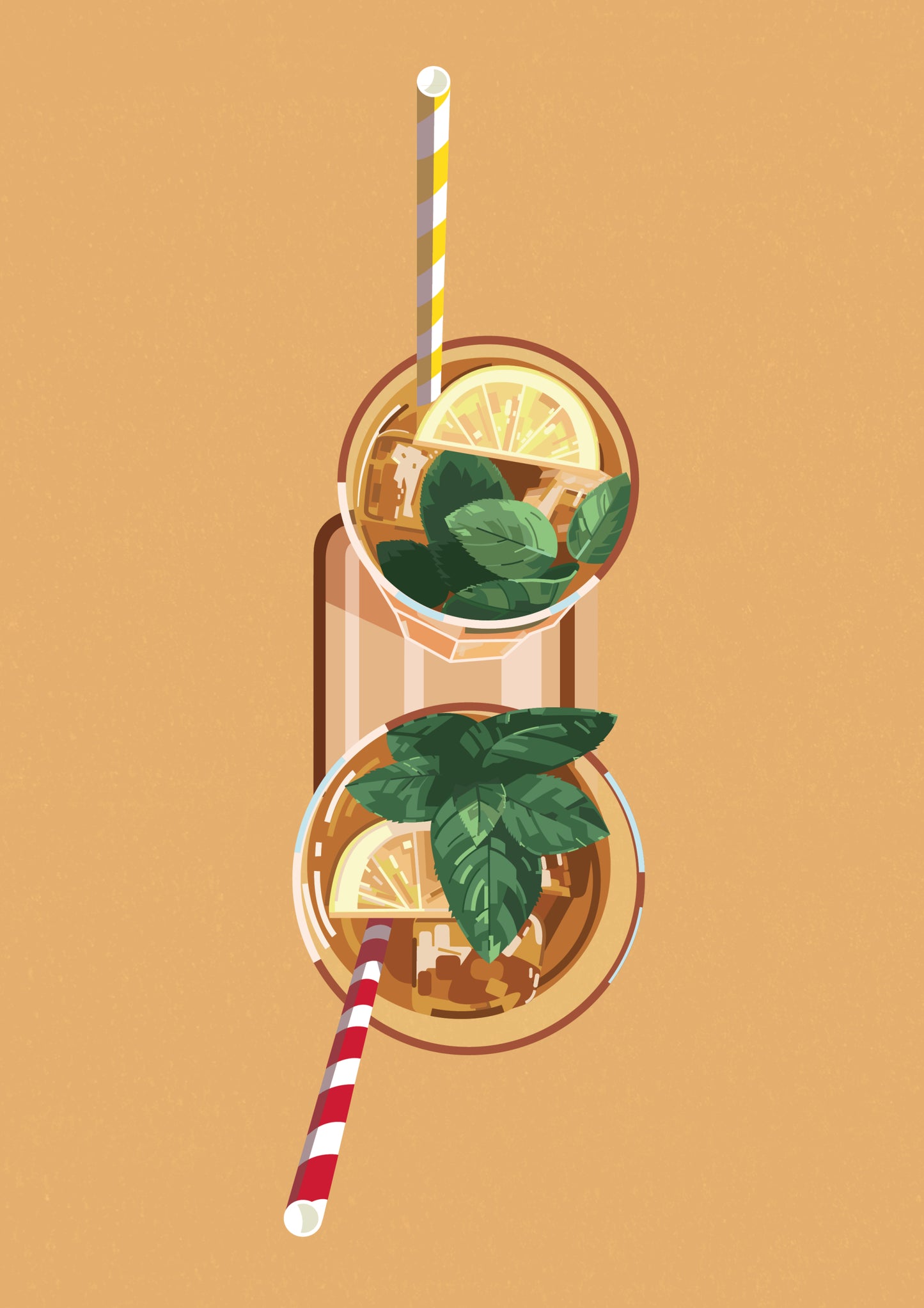 Vertical digital illustration of two citrus drinks viewed from above, with striped straws, mint leaves and warm orange tones. Playful A4 wall art for kitchens, dining rooms or home bars.