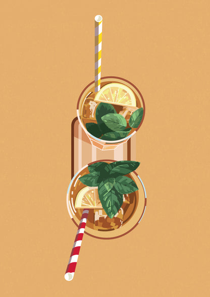 Vertical digital illustration of two citrus drinks viewed from above, with striped straws, mint leaves and warm orange tones. Playful A4 wall art for kitchens, dining rooms or home bars.