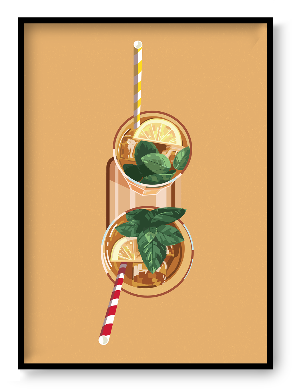 Vertical digital illustration of two citrus drinks viewed from above, with striped straws, mint leaves and warm orange tones. Playful A4 wall art for kitchens, dining rooms or home bars.
