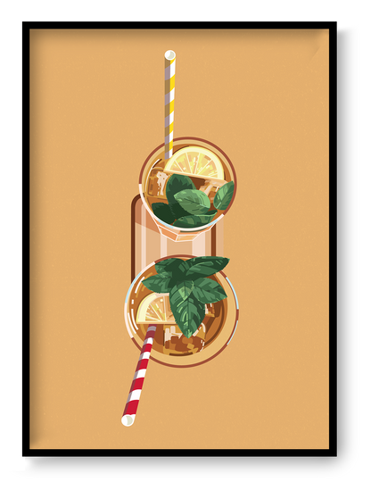 Vertical digital illustration of two citrus drinks viewed from above, with striped straws, mint leaves and warm orange tones. Playful A4 wall art for kitchens, dining rooms or home bars.
