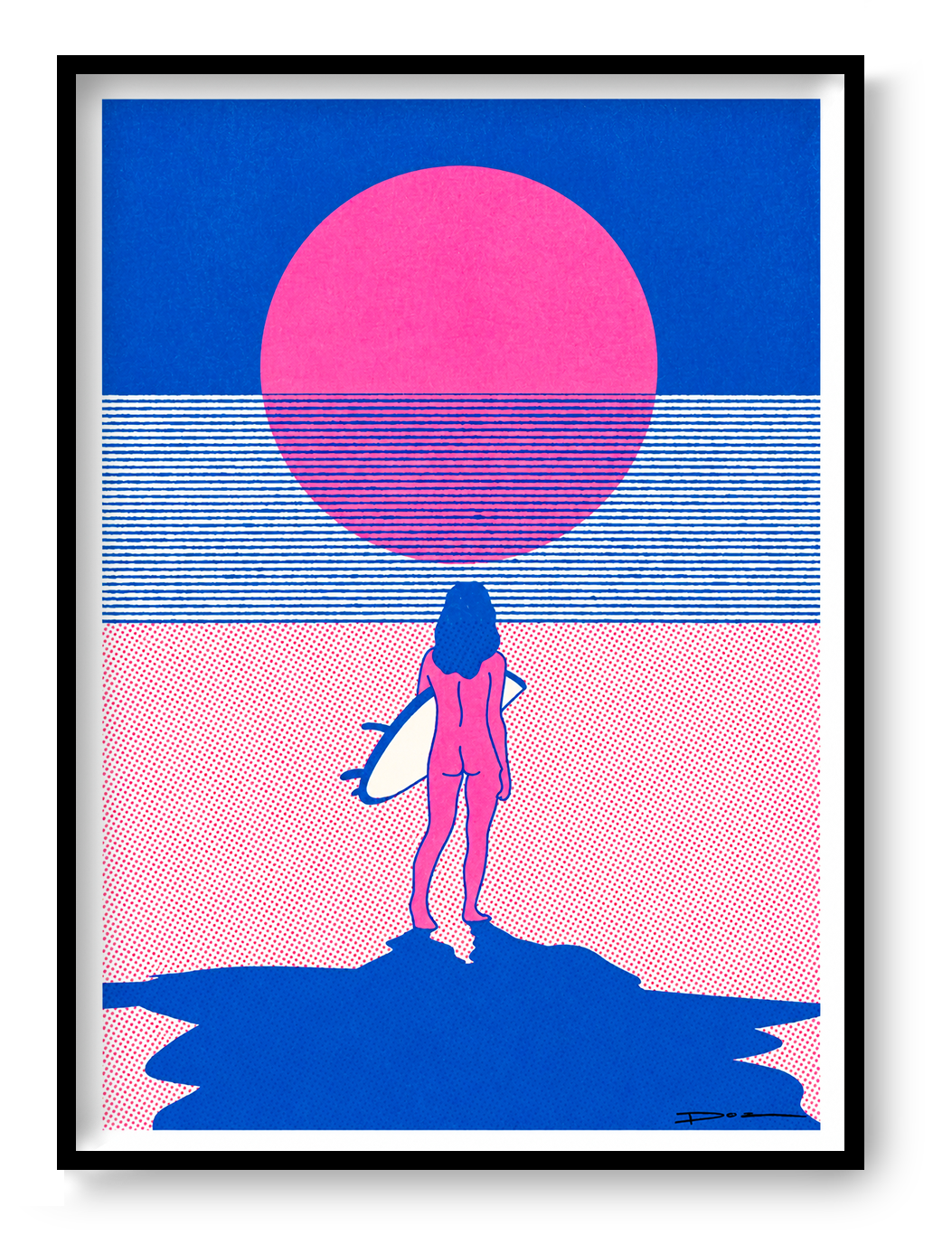 Minimalist risograph print of a surfer standing on the beach facing a bright pink sun over the sea, in bold blue and pink tones. Contemporary landscape wall art for modern coastal interiors.