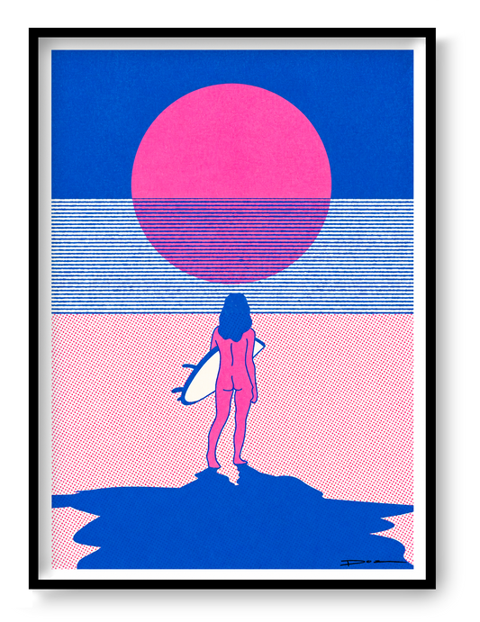 Minimalist risograph print of a surfer standing on the beach facing a bright pink sun over the sea, in bold blue and pink tones. Contemporary landscape wall art for modern coastal interiors.