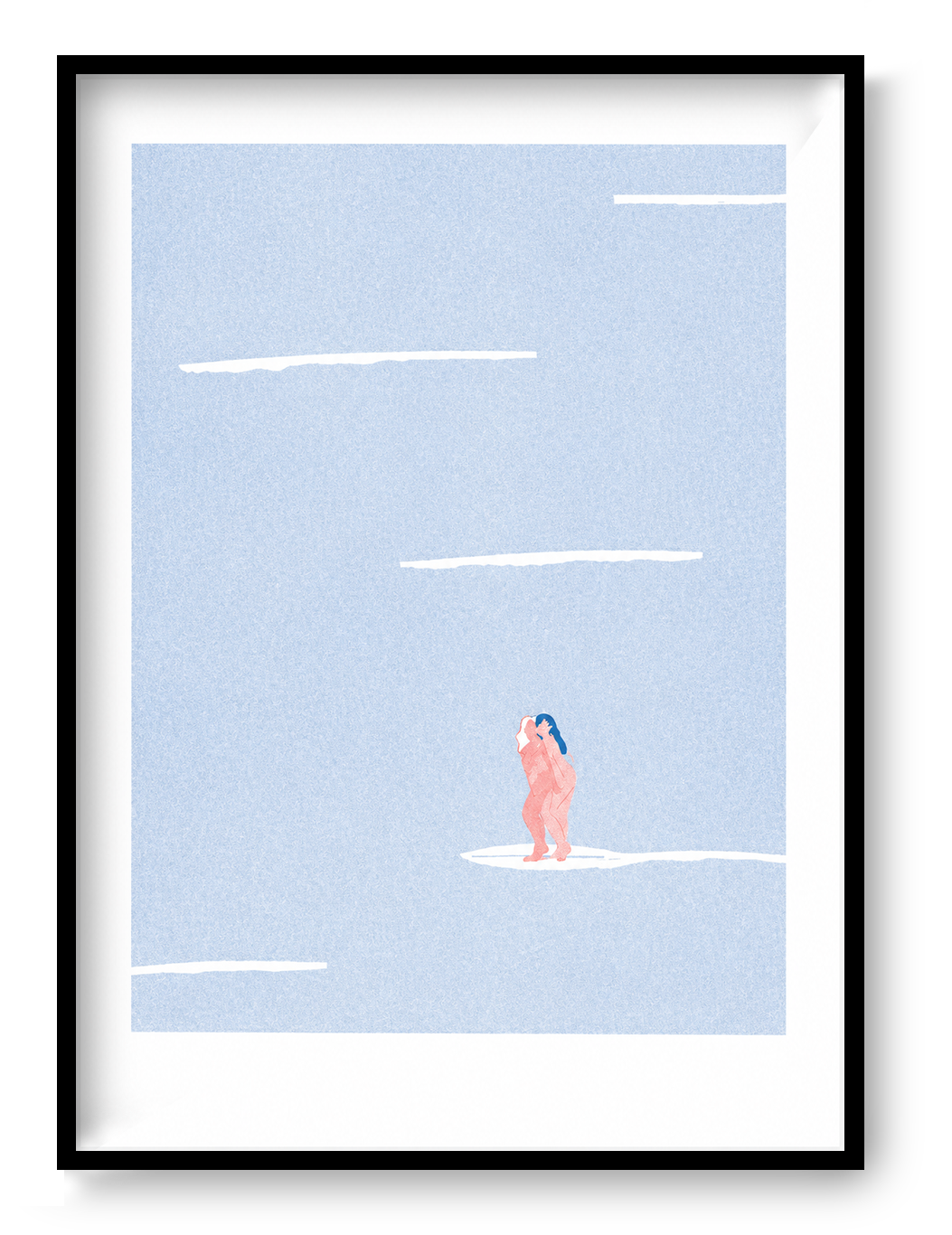 Minimalist risograph art print featuring two nude female figures standing together on a white surf-like shape in a pale blue textured landscape, soft pink and blue tones, portrait orientation, contemporary wall art for modern interiors.