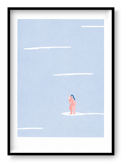 Minimalist risograph art print featuring two nude female figures standing together on a white surf-like shape in a pale blue textured landscape, soft pink and blue tones, portrait orientation, contemporary wall art for modern interiors.