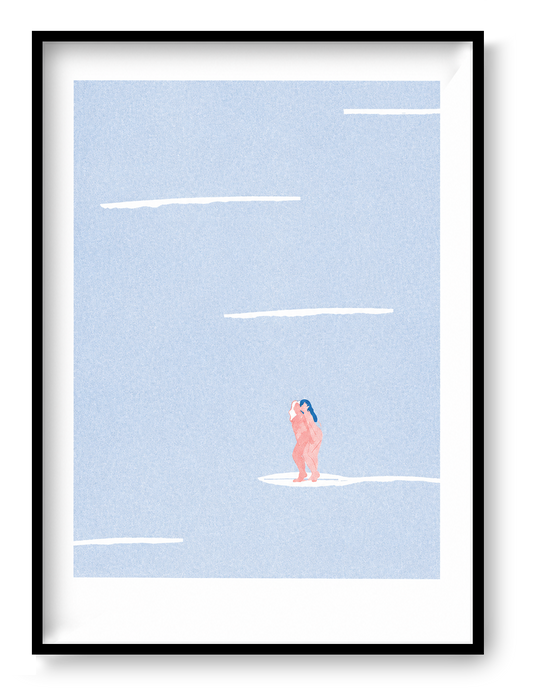 Minimalist risograph art print featuring two nude female figures standing together on a white surf-like shape in a pale blue textured landscape, soft pink and blue tones, portrait orientation, contemporary wall art for modern interiors.