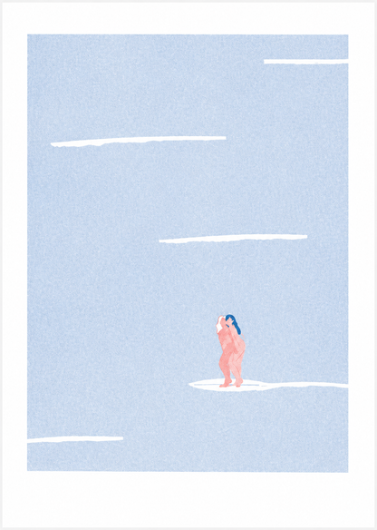 Minimalist risograph art print featuring two nude female figures standing together on a white surf-like shape in a pale blue textured landscape, soft pink and blue tones, portrait orientation, contemporary wall art for modern interiors.