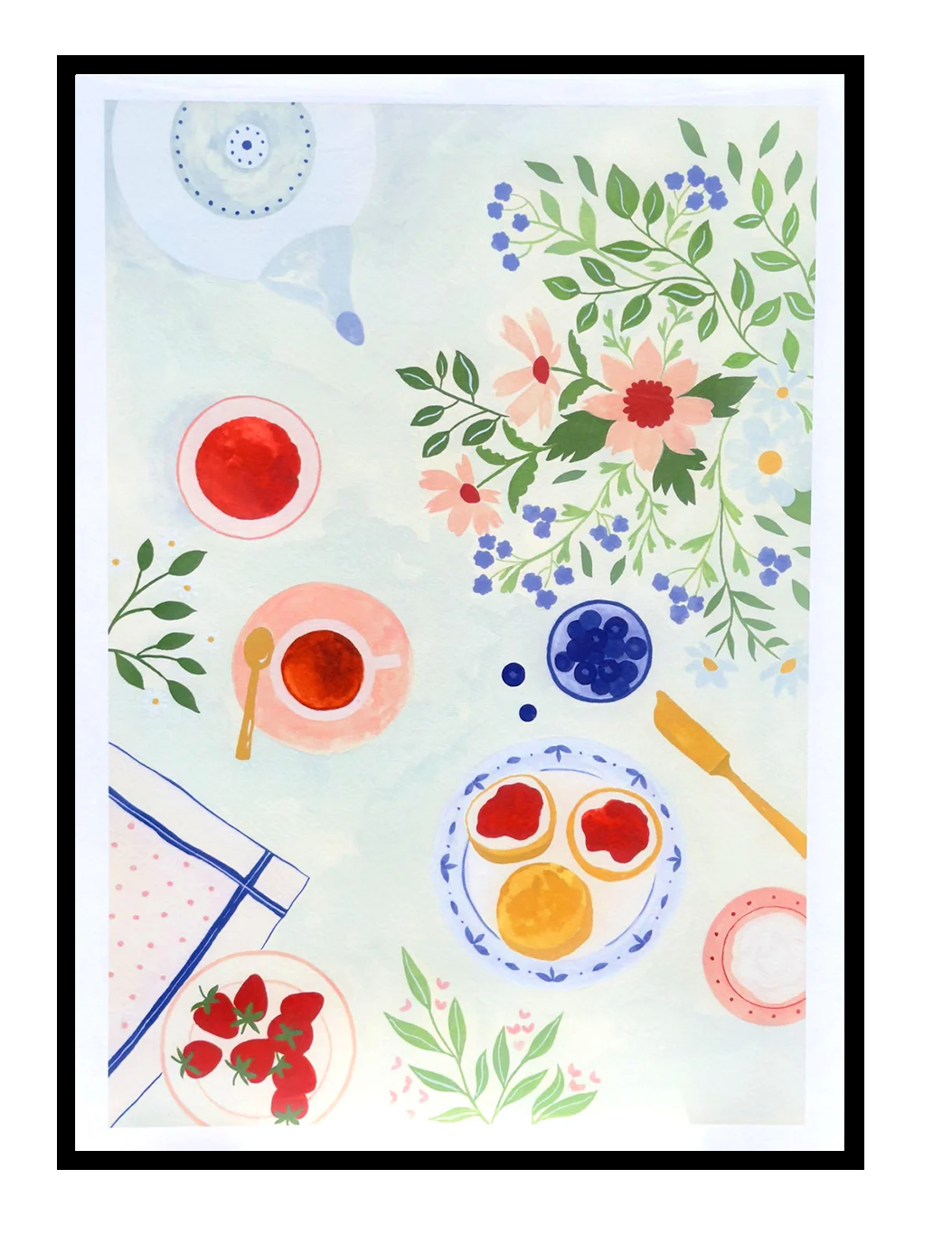 Breakfast Garden art print by Leens featuring floral branches, tea cups, strawberries, blueberry bowls, and breakfast details in soft pastel colours on a light background, A3 digital illustration for cozy kitchen wall decor.