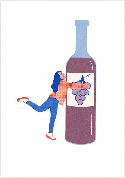 Playful risograph art print featuring a woman hugging a large wine bottle, illustrated in a bold graphic style with blue, red, and purple tones on a light background. Vertical A3 wall art ideal for kitchens, dining rooms, wine lovers, and contemporary home decor.