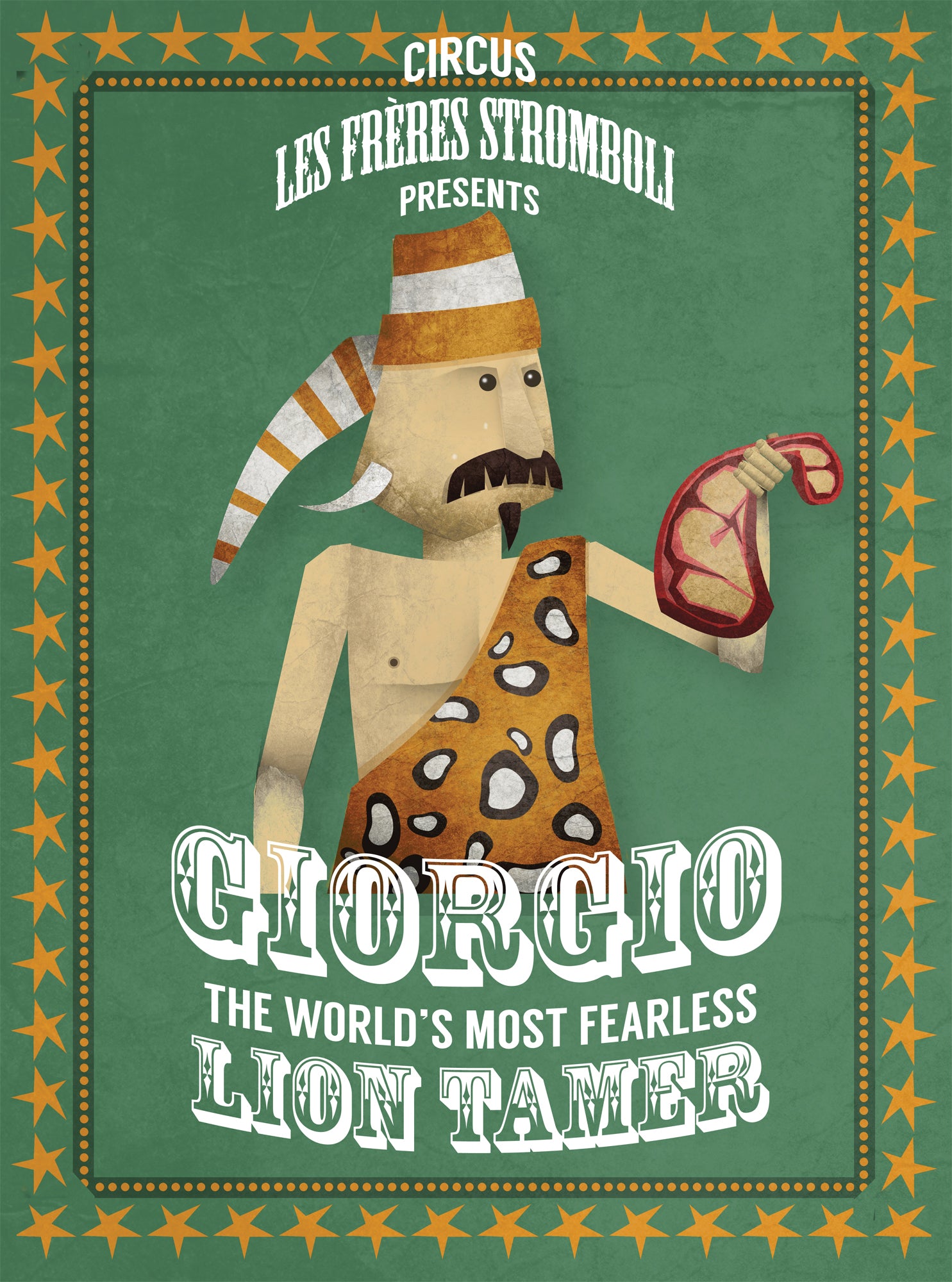 Giorgio Stromboli art print by Studio Frits showing a vintage circus lion tamer illustration in a playful poster style.